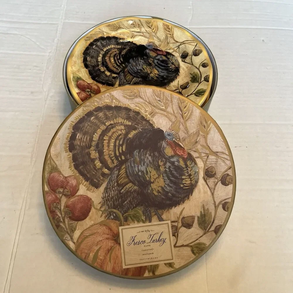 Pottery Barn Fresco Turkey Plates Set Of 4 Salad Plates 9” Turkey Thanksgiving
